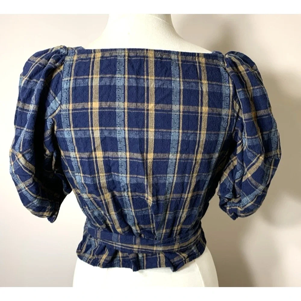 Madewell Sweetheart Wrap Top Womens XS Plaid Navy Blue Cotton Milkmaid Cottage‎